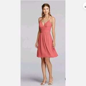 Women's Size 4 David's Bridal Coral V Neck Crinkle Spaghetti Strap Short Dress